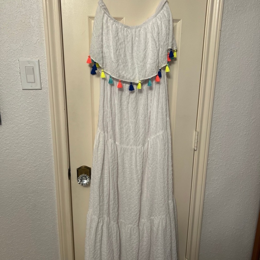 Lilly Pulitzer White Off-Shoulder Maxi Dress with Colorful Tassels